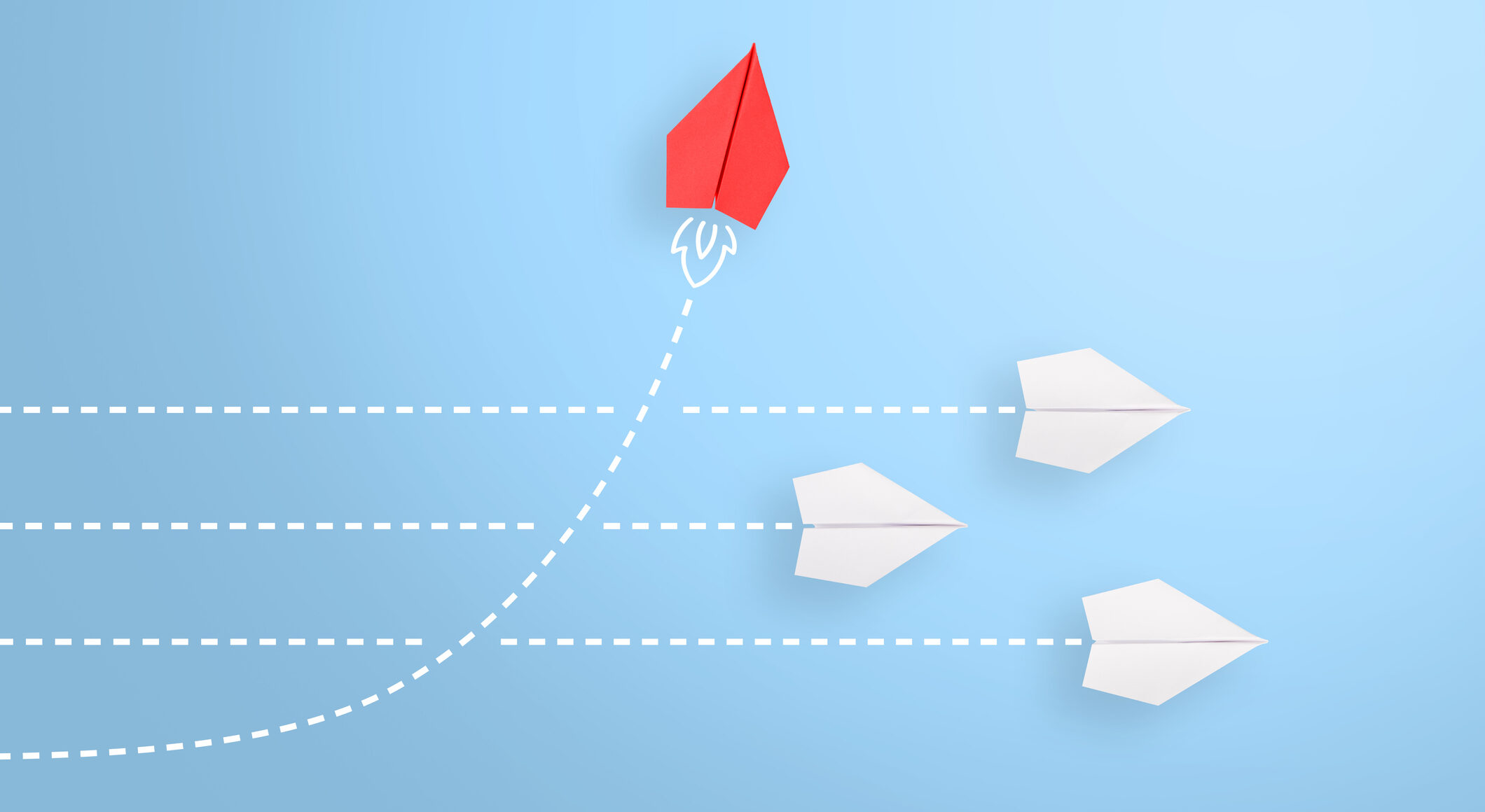 CylcAFlor® Separator Illustration symbolizing innovation in gas separation membrane polymers, featuring a red paper plane breaking away from white planes to represent advanced fluoropolymer membranes for azeotropic refrigerant separation and other challenging industrial gas separations.
