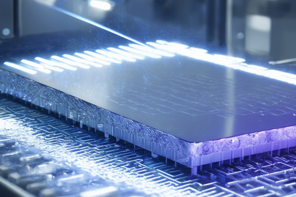 Semiconductor wafer being processed with UV light, representing the role of amorphous fluoropolymers in high-performance semiconductor manufacturing.