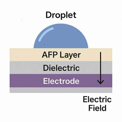 Diagram of an EWOD surface stack in digital microfluidics: droplet on AFP layer (CYTOP/Teflon AF/CyclAFlor) over dielectric and electrode, with electric field applied to enable droplet control in lab-on-a-chip devices.