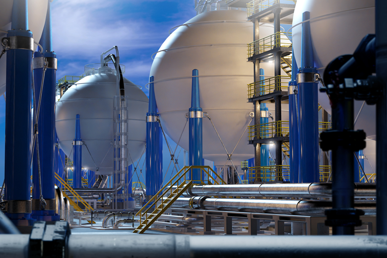 Gas separation facility with spherical high-pressure tanks and pipelines, representing applications of crosslinked fluorinated polymers in membrane-based CO₂ capture, hydrogen purification, and natural gas processing.