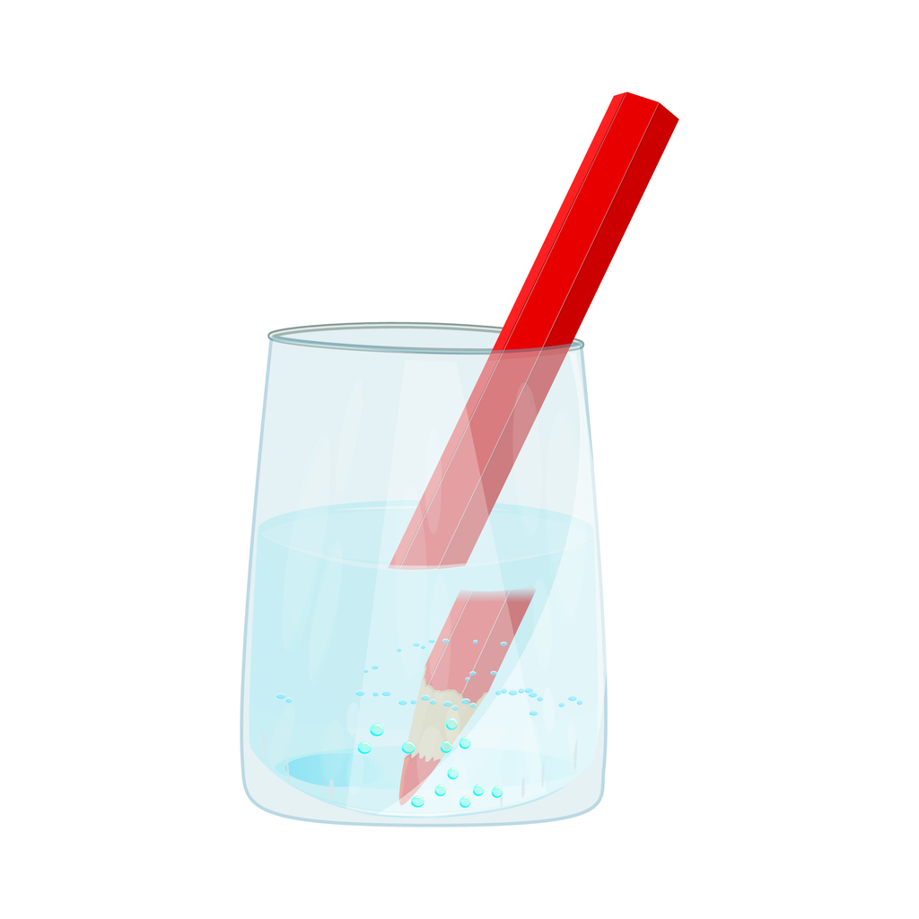Illustration of refractive index showing a pencil bent in a glass of water, demonstrating how light changes direction when moving from air to water due to differences in refractive index.