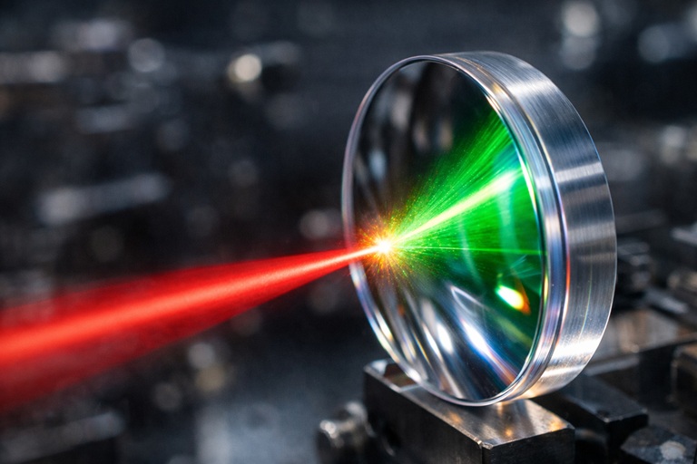 High-power red laser beam entering a coated optical lens and converting to green light inside the optic in a laboratory setup.