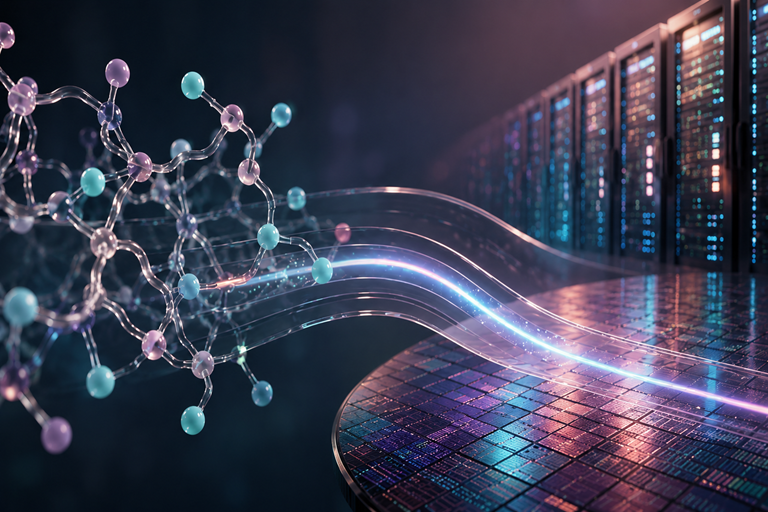 Conceptual image of advanced materials, optical data flow, semiconductor technology, and AI infrastructure.