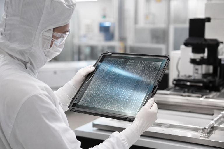 Cleanroom technician examining a patterned semiconductor photomask reticle beside optical inspection equipment.