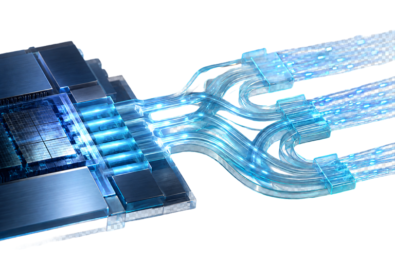 Stylized AI chip with transparent optical waveguides and glowing fiber paths representing photonic packaging and optical interconnects.